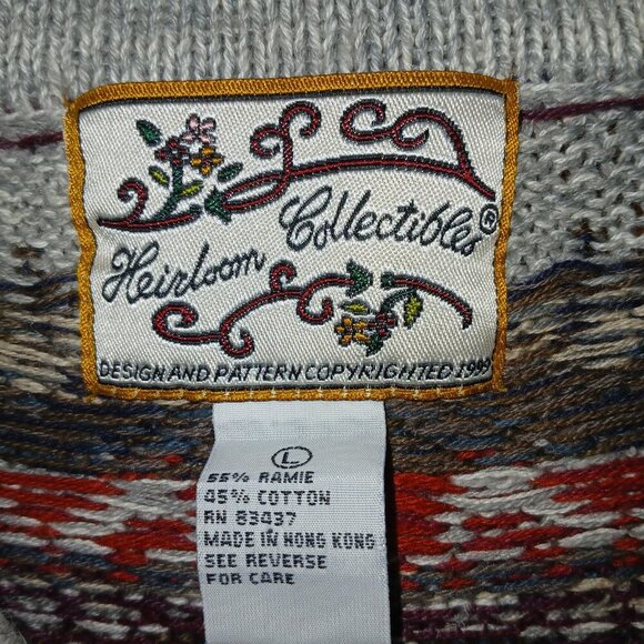 HEIRLOOM COLLECTIBLE  VINTAGE FRONT ZIP CARDIGAN GRAY AND RED DESIGNS WOMENS LG - Picture 4 of 8